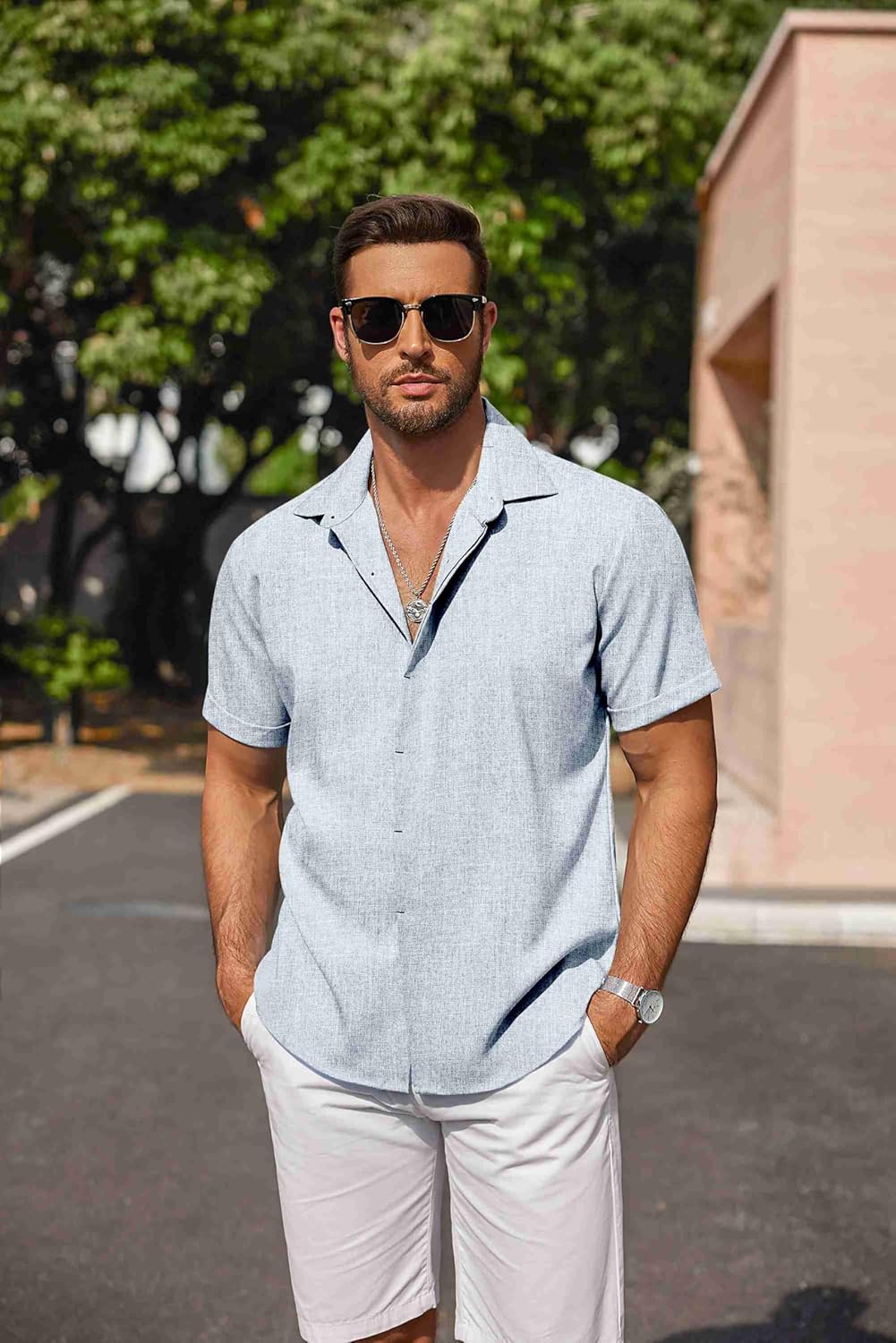 🔥Men's Linen Shirts Short Sleeve Casual Shirts Button Down Shirt for Men Beach Summer Wedding Shirt