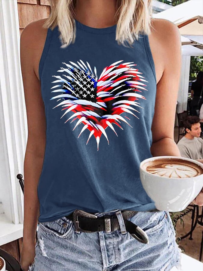 Women's Retro Independence Day Flag Heart Fireworks Print Round Neck Tank Top