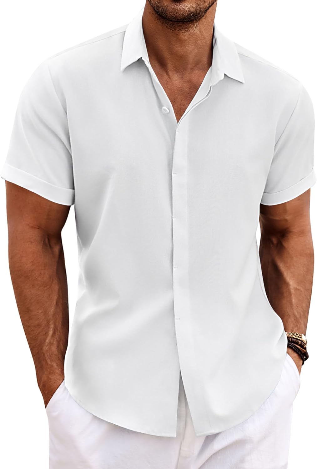 🔥Men's Linen Shirts Short Sleeve Casual Shirts Button Down Shirt for Men Beach Summer Wedding Shirt