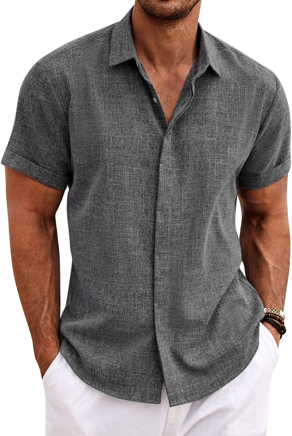 🔥Men's Linen Shirts Short Sleeve Casual Shirts Button Down Shirt for Men Beach Summer Wedding Shirt