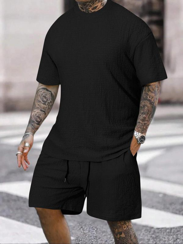 8 Pack-Men's Solid Textured Round Neck Tee & Drawstring Waist Shorts