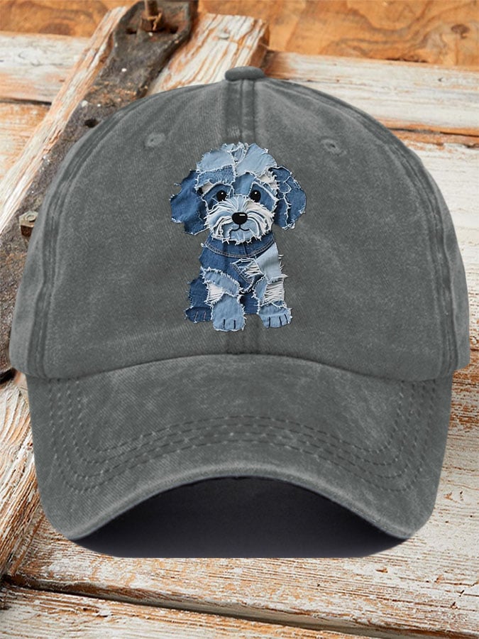 Unisex Retro Funny Denim Patch Animal Dog Print Baseball Cap