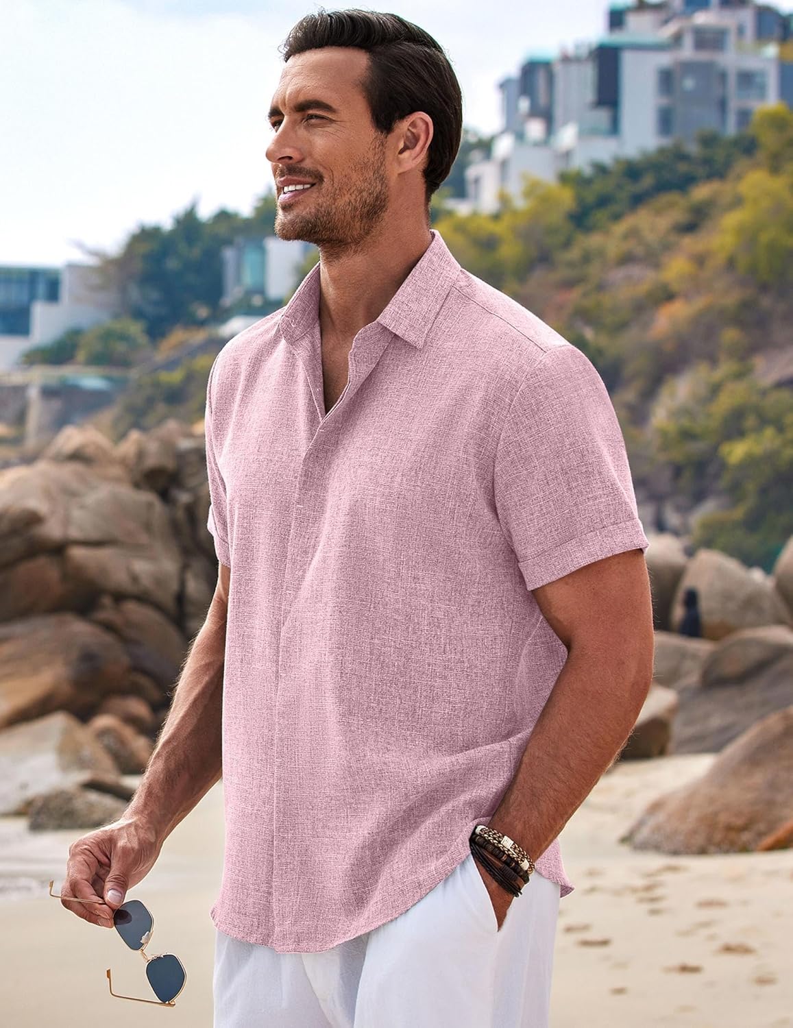 🔥Men's Linen Shirts Short Sleeve Casual Shirts Button Down Shirt for Men Beach Summer Wedding Shirt