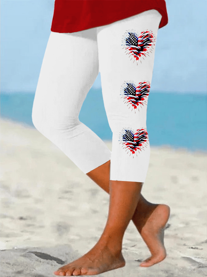 Women's Retro Independence Day Flag Heart Fireworks Print Leggings