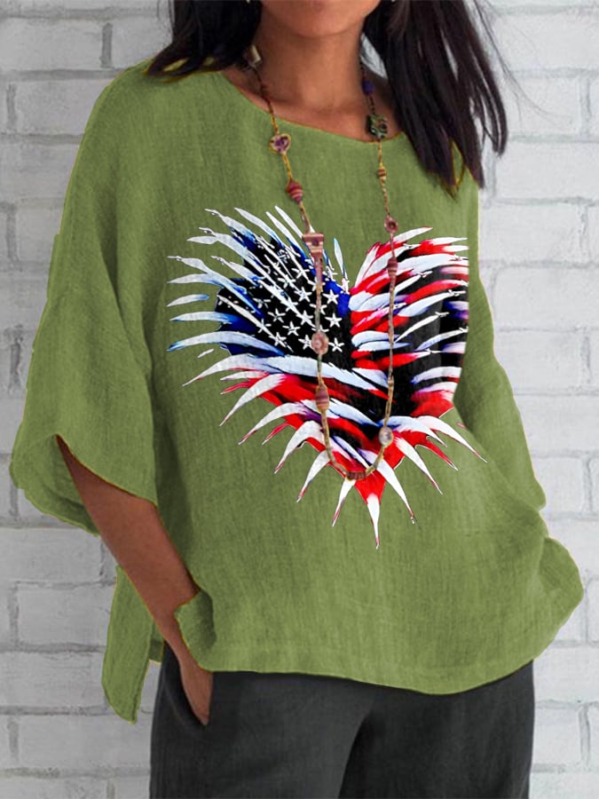 Women's Retro Independence Day Flag Heart Fireworks Print Top