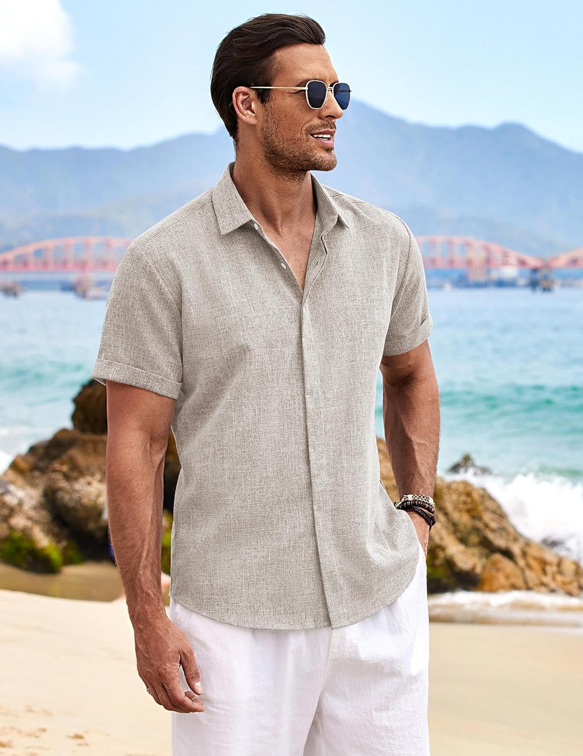 🔥Men's Linen Shirts Short Sleeve Casual Shirts Button Down Shirt for Men Beach Summer Wedding Shirt