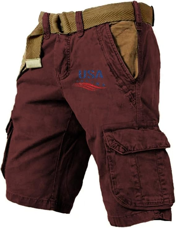 Men's Vintage Flag Independence Day Multi-Pocket Print Cargo Shorts (Belt Included)