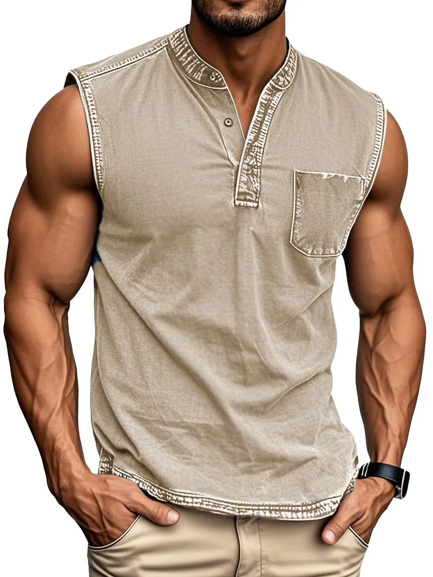 Men's Fashion Retro Distressed Stand-up Collar Pocket Sleeveless Henley Shirt