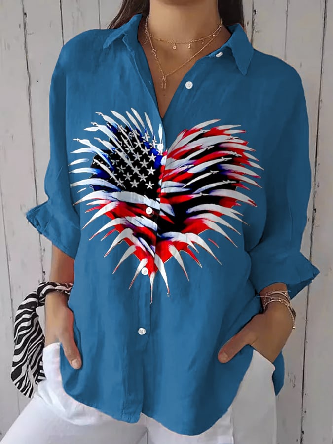 Women's Retro Independence Day Flag Heart Fireworks Print Casual Shirt
