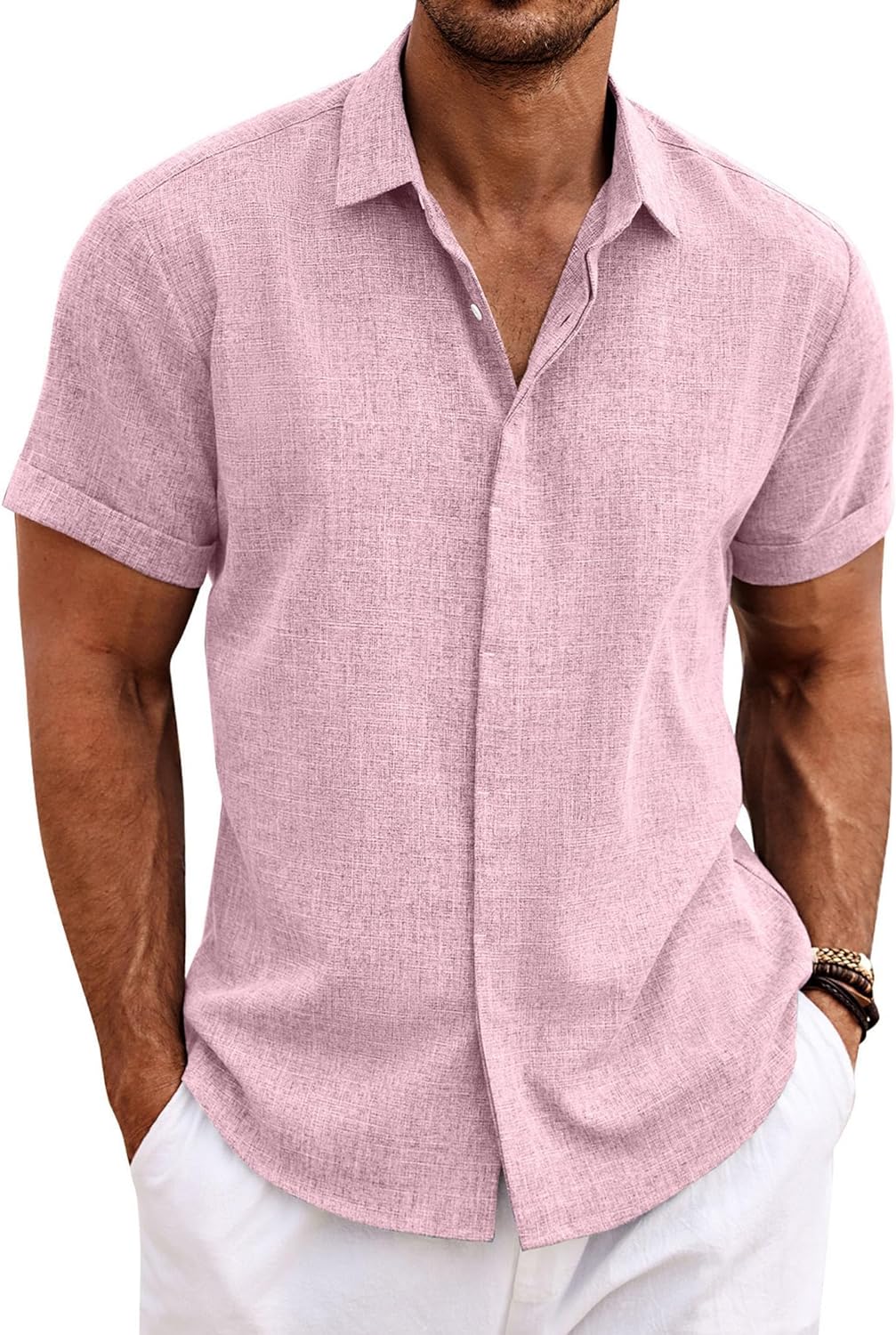 🔥Men's Linen Shirts Short Sleeve Casual Shirts Button Down Shirt for Men Beach Summer Wedding Shirt