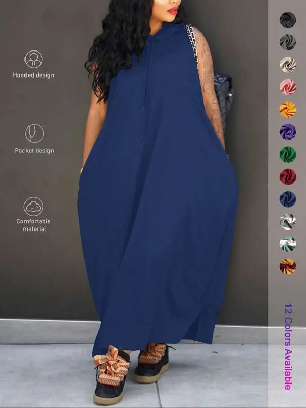 š„Last day promotionā°-Women's Plain Drawstring Hooded Tank Dress, Casual Pocket Sleeveless Maxi Dress for Summer, Fashion Women's Clothing for Daily Wear