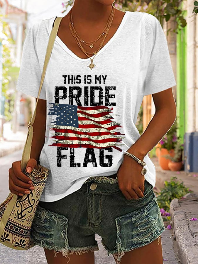 Women's Casual Independence Day Printed V-Neck Short Sleeve T-Shirt