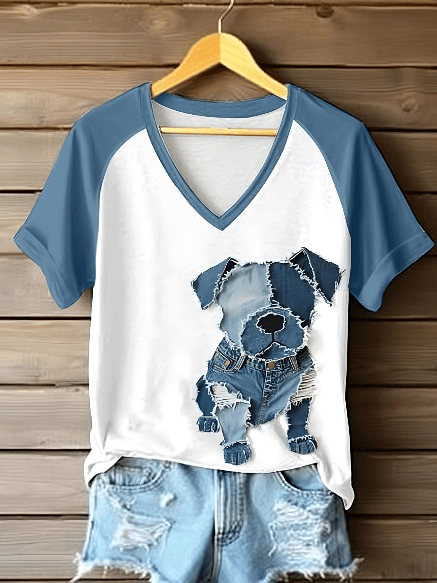 Women's Retro Funny Denim Patch Animal Dog Print Raglan Short Sleeve T-Shirt