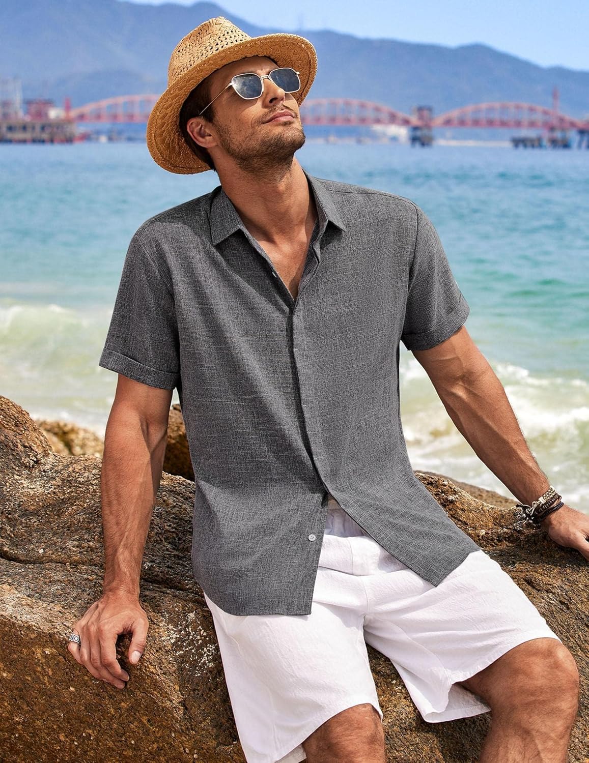 🔥Men's Linen Shirts Short Sleeve Casual Shirts Button Down Shirt for Men Beach Summer Wedding Shirt