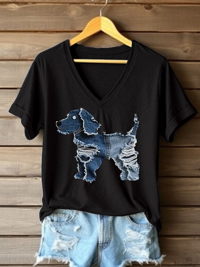 Women's Retro Funny Animal Dog Print V-Neck T-Shirt