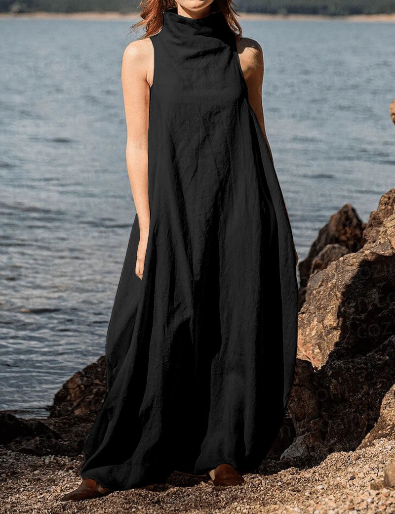 Women's Stand Collar Back Pleated Linen Maxi Dress