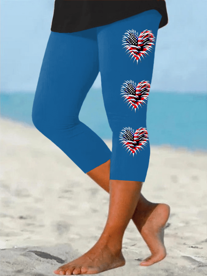Women's Retro Independence Day Flag Heart Fireworks Print Leggings