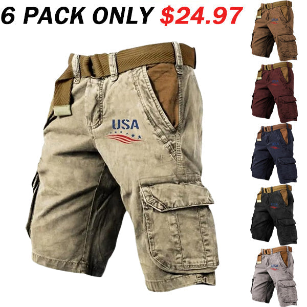 Men's Vintage Flag Independence Day Multi-Pocket Print Cargo Shorts (Belt Included)