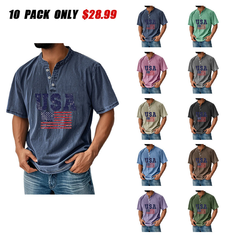 Men's Everyday Independence Day Flag Print Casual Stand Collar Short Sleeve Henley Shirt