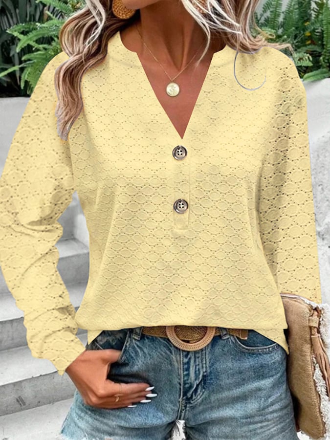 Women's Casual Solid Color Jacquard Hollow Button V-Neck Long Sleeve T-Shirt