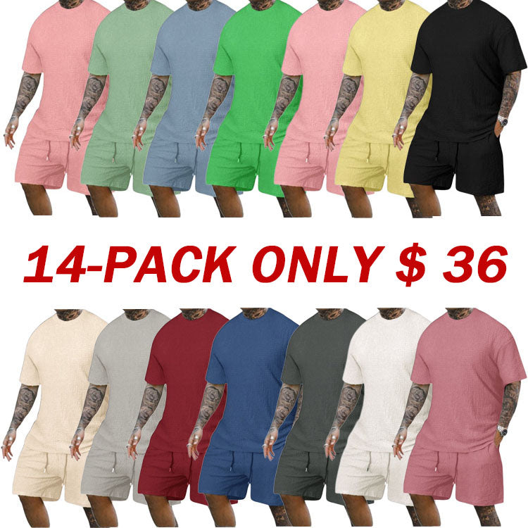 8 Pack-Men's Solid Textured Round Neck Tee & Drawstring Waist Shorts