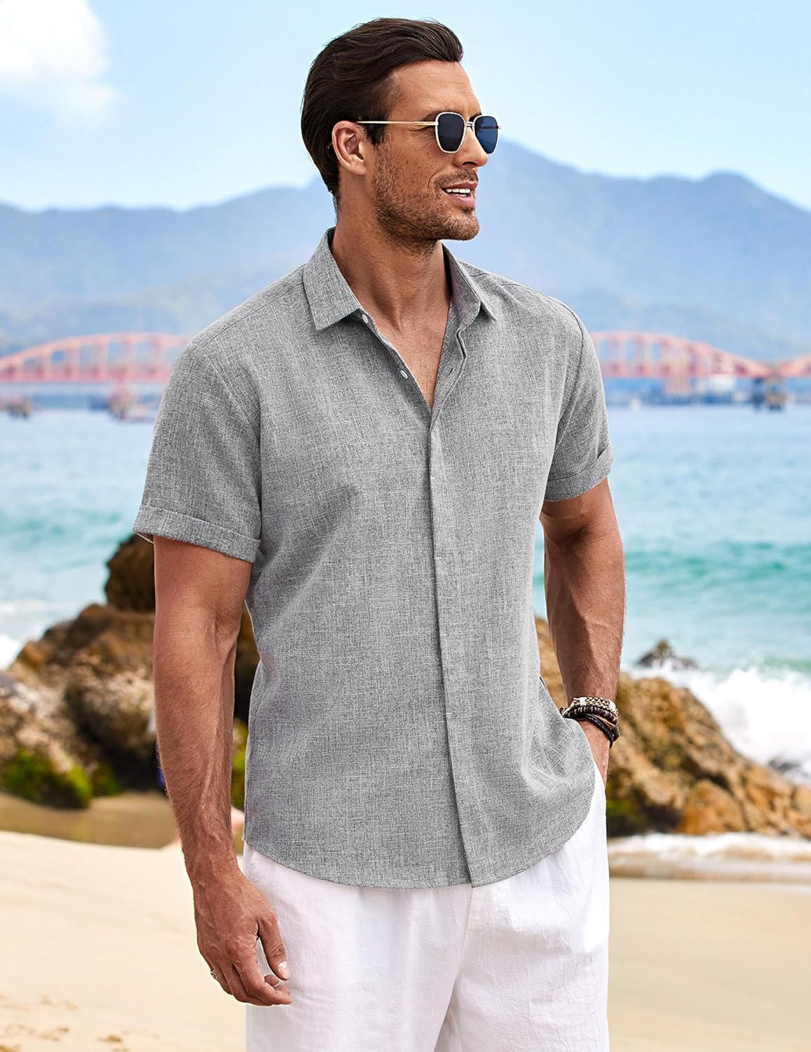 🔥Men's Linen Shirts Short Sleeve Casual Shirts Button Down Shirt for Men Beach Summer Wedding Shirt