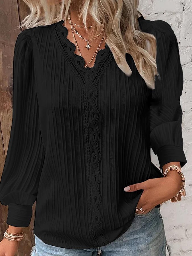 Women's Lace Patchwork Fashion V-Neck Jacquard Long Sleeve Shirt