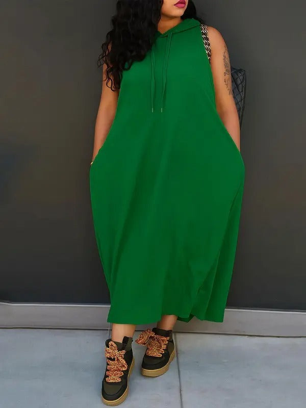 š„Last day promotionā°-Women's Plain Drawstring Hooded Tank Dress, Casual Pocket Sleeveless Maxi Dress for Summer, Fashion Women's Clothing for Daily Wear