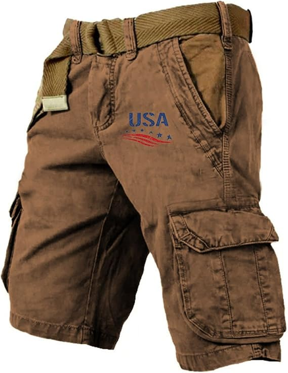Men's Vintage Flag Independence Day Multi-Pocket Print Cargo Shorts (Belt Included)