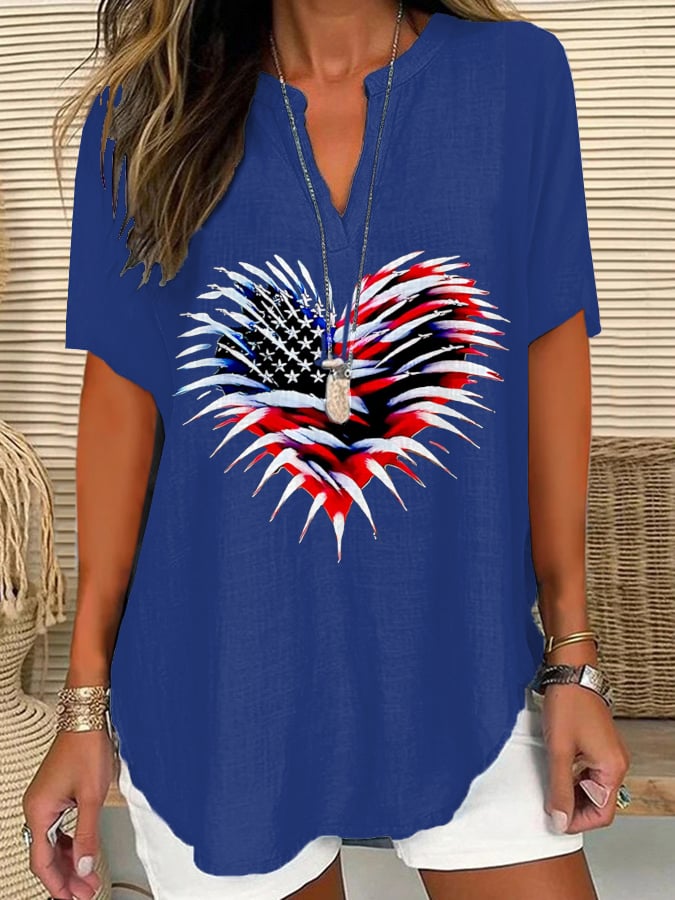 Women's Retro Independence Day Flag Heart Fireworks Print Short Sleeve Shirt