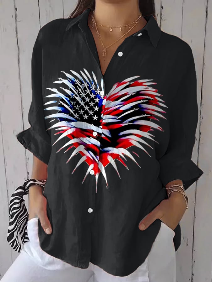 Women's Retro Independence Day Flag Heart Fireworks Print Casual Shirt