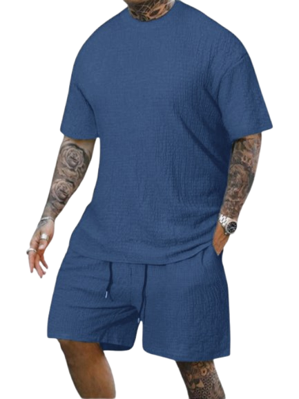 8 Pack-Men's Solid Textured Round Neck Tee & Drawstring Waist Shorts