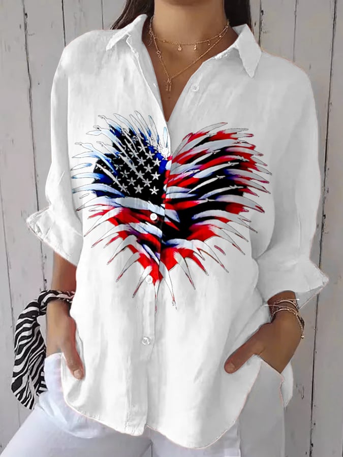Women's Retro Independence Day Flag Heart Fireworks Print Casual Shirt