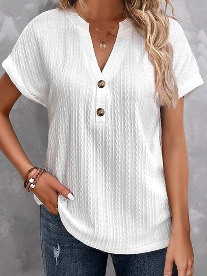 Women's Jacquard Casual Batwing Short Sleeve Solid Color V-Neck Button T-Shirt