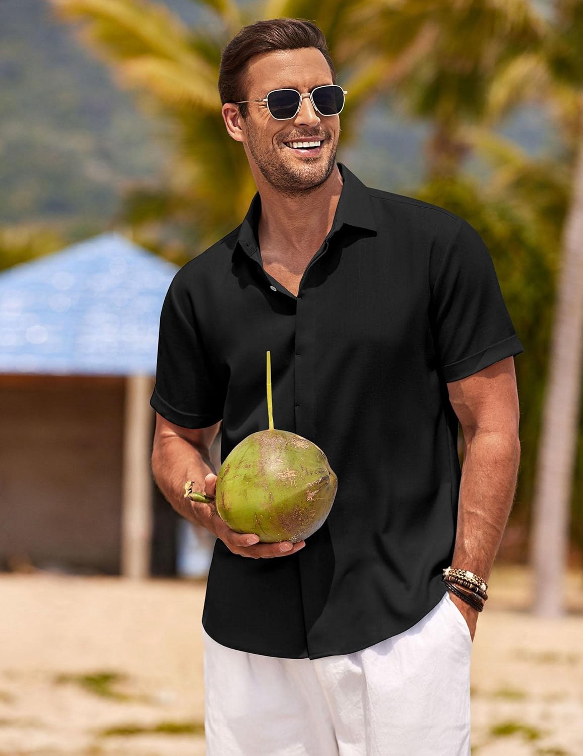 🔥Men's Linen Shirts Short Sleeve Casual Shirts Button Down Shirt for Men Beach Summer Wedding Shirt