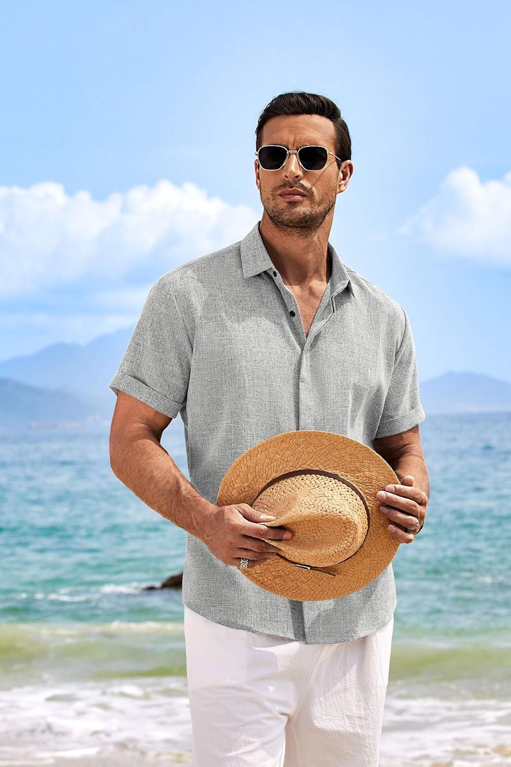 🔥Men's Linen Shirts Short Sleeve Casual Shirts Button Down Shirt for Men Beach Summer Wedding Shirt