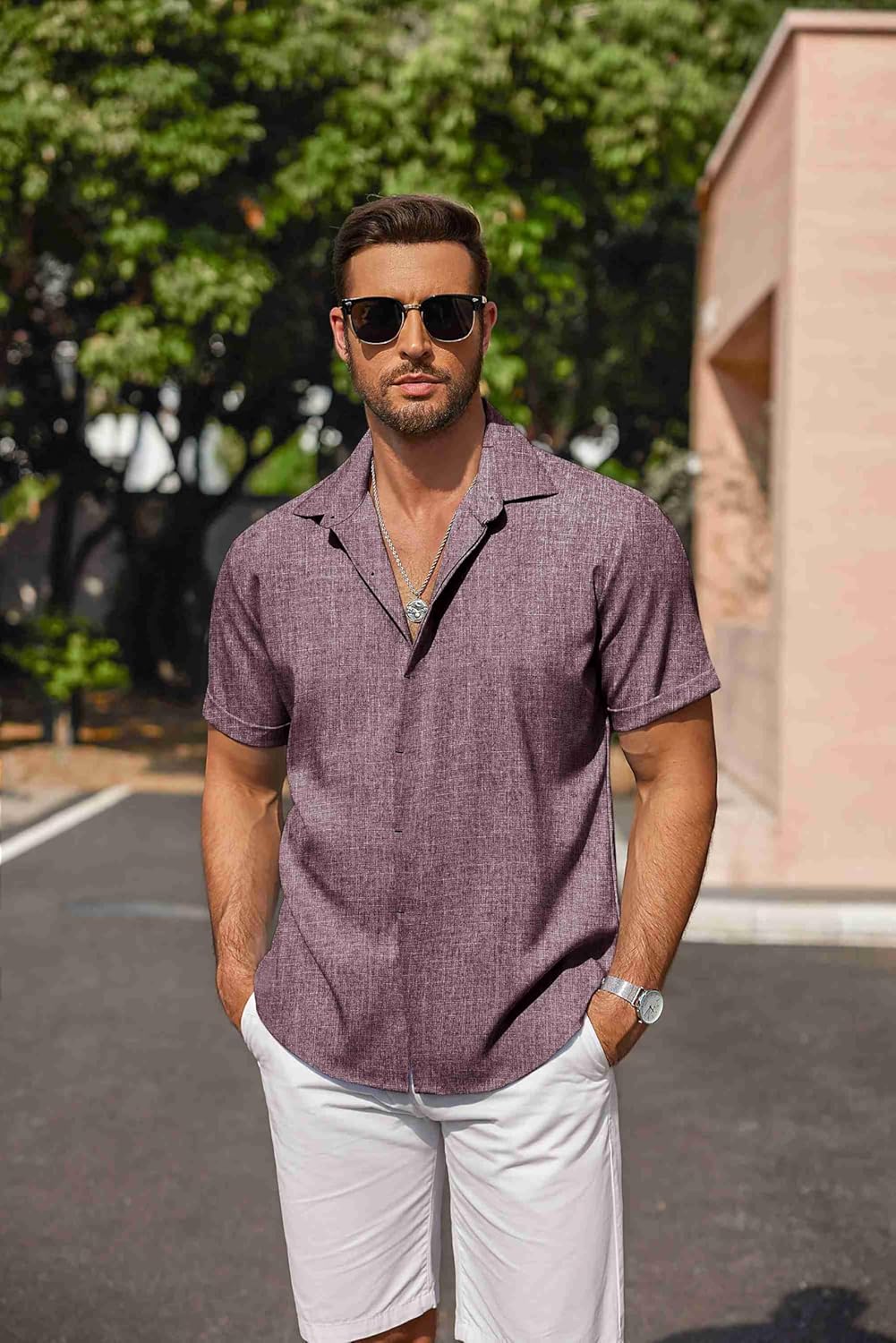 🔥Men's Linen Shirts Short Sleeve Casual Shirts Button Down Shirt for Men Beach Summer Wedding Shirt