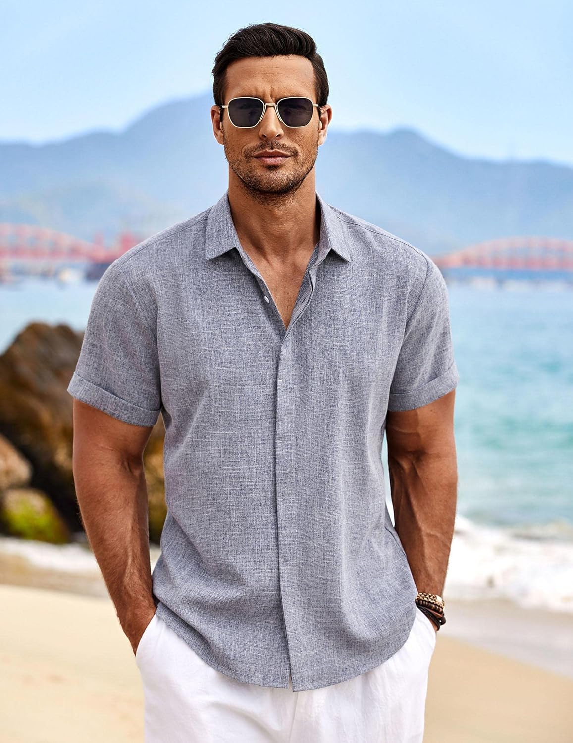 🔥Men's Linen Shirts Short Sleeve Casual Shirts Button Down Shirt for Men Beach Summer Wedding Shirt