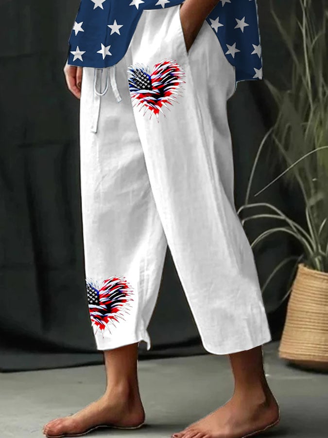Women's Retro Independence Day Flag Heart Fireworks Print Wide Leg Pants