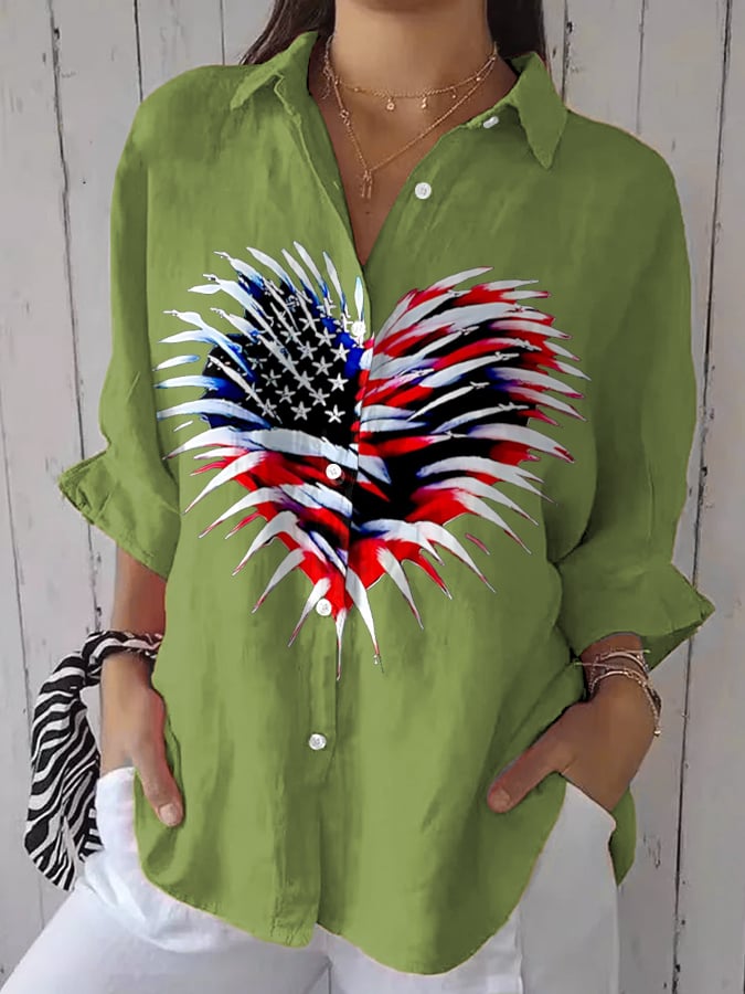 Women's Retro Independence Day Flag Heart Fireworks Print Casual Shirt