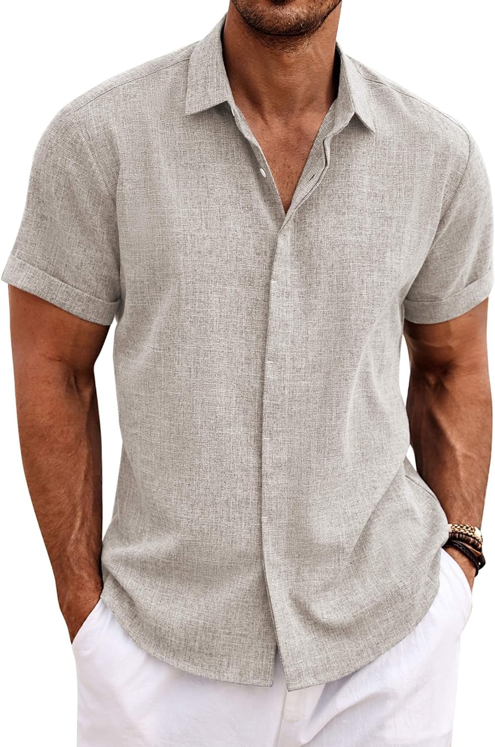 🔥Men's Linen Shirts Short Sleeve Casual Shirts Button Down Shirt for Men Beach Summer Wedding Shirt