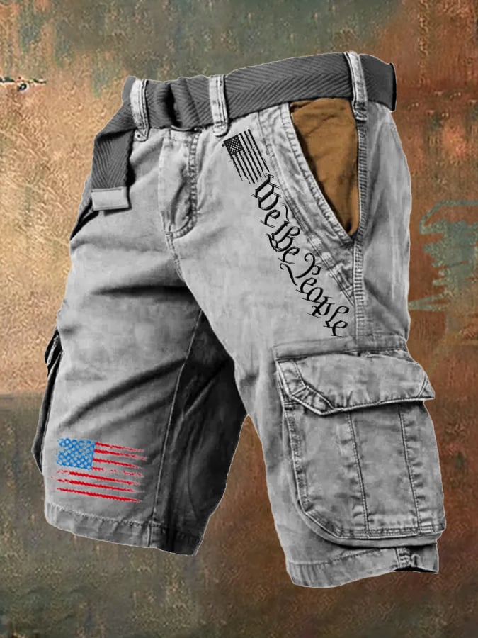 Men's Vintage Flag Independence Day Multi-Pocket Print Cargo Shorts (Belt Included)