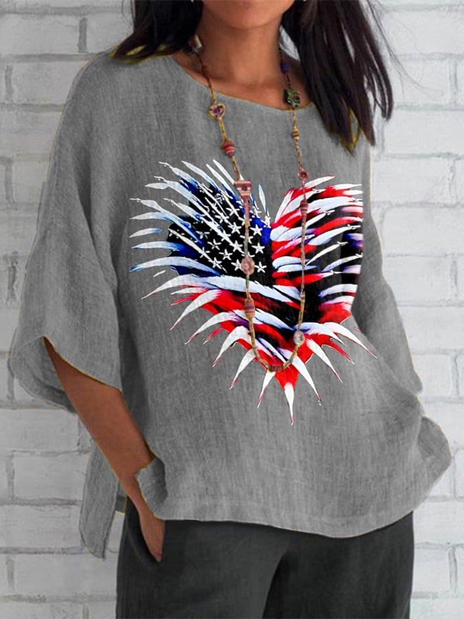Women's Retro Independence Day Flag Heart Fireworks Print Top