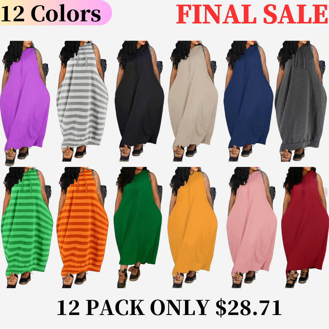š„Last day promotionā°-Women's Plain Drawstring Hooded Tank Dress, Casual Pocket Sleeveless Maxi Dress for Summer, Fashion Women's Clothing for Daily Wear