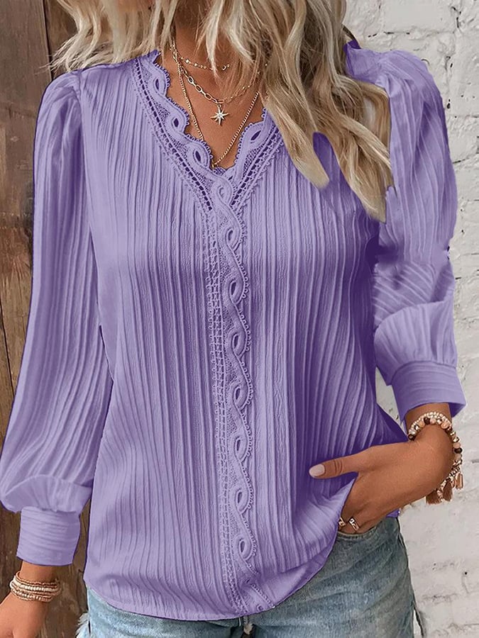 Women's Lace Patchwork Fashion V-Neck Jacquard Long Sleeve Shirt