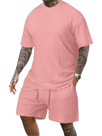 8 Pack-Men's Solid Textured Round Neck Tee & Drawstring Waist Shorts
