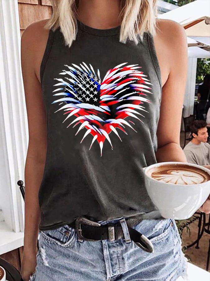 Women's Retro Independence Day Flag Heart Fireworks Print Round Neck Tank Top