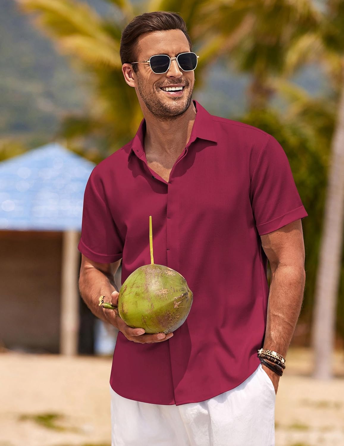 🔥Men's Linen Shirts Short Sleeve Casual Shirts Button Down Shirt for Men Beach Summer Wedding Shirt