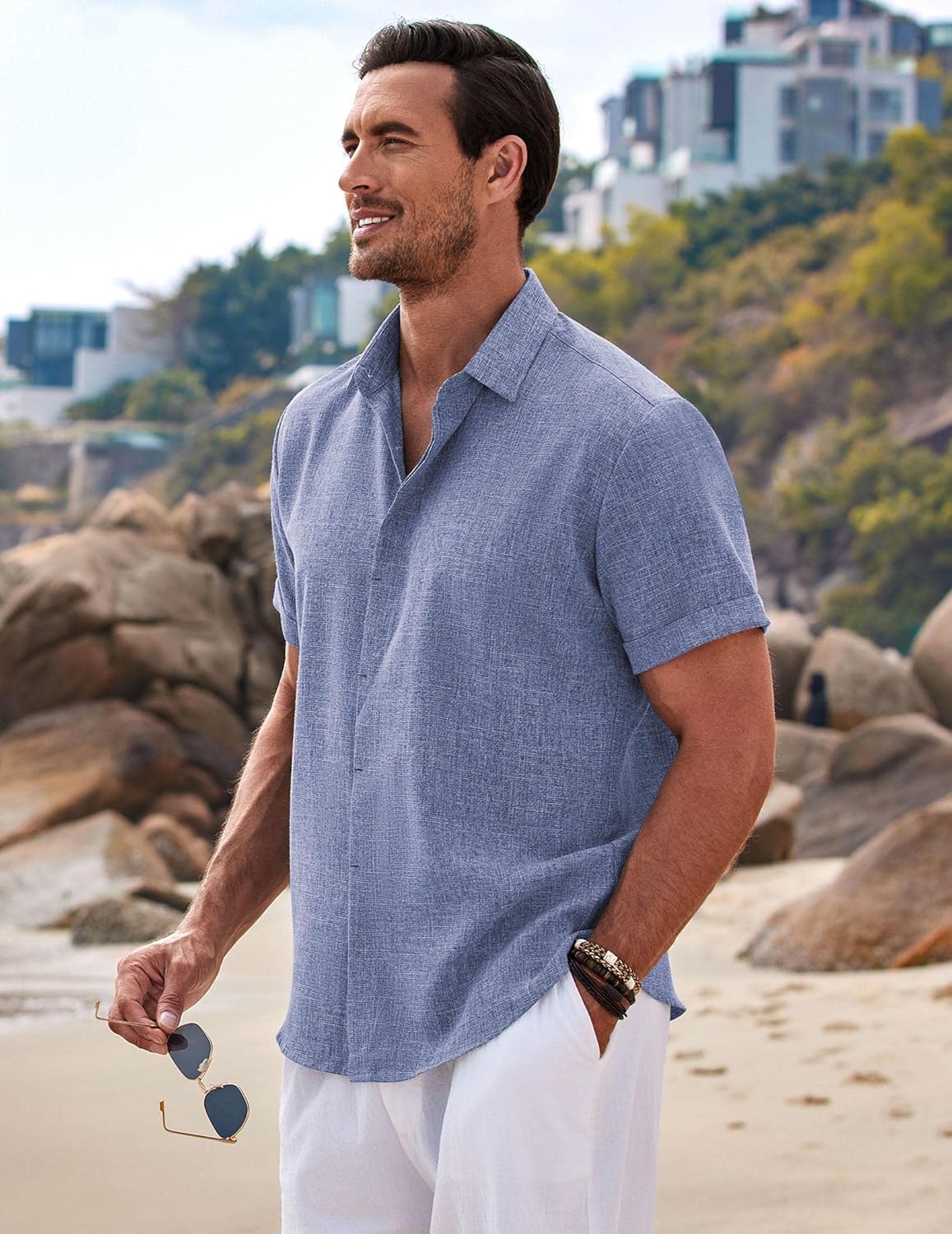 🔥Men's Linen Shirts Short Sleeve Casual Shirts Button Down Shirt for Men Beach Summer Wedding Shirt