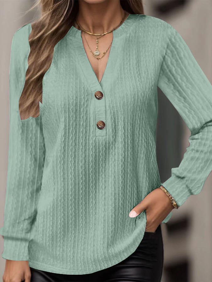 Women's Jacquard Casual Long Sleeve Solid Color V-Neck Button Knit Shirt